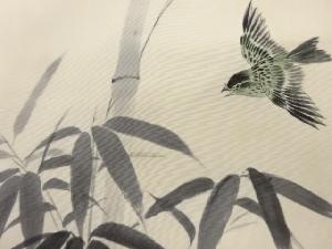 アンティーク　作家物　塩瀬手描き竹笹に小鳥模様名古屋帯
